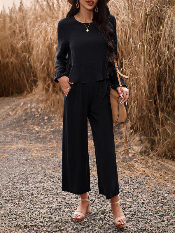 Temperament casual suit solid color long-sleeved top loose trousers - Closther