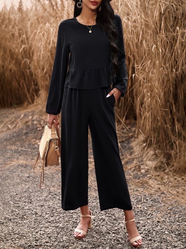 Temperament casual suit solid color long-sleeved top loose trousers - Closther