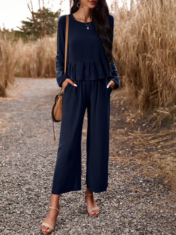 Temperament casual suit solid color long-sleeved top loose trousers - Closther