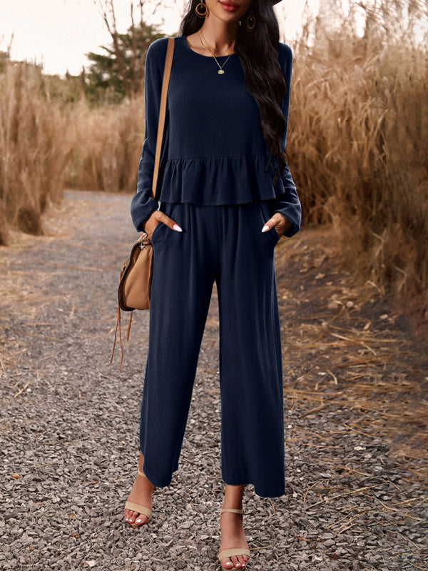 Temperament casual suit solid color long-sleeved top loose trousers - Closther