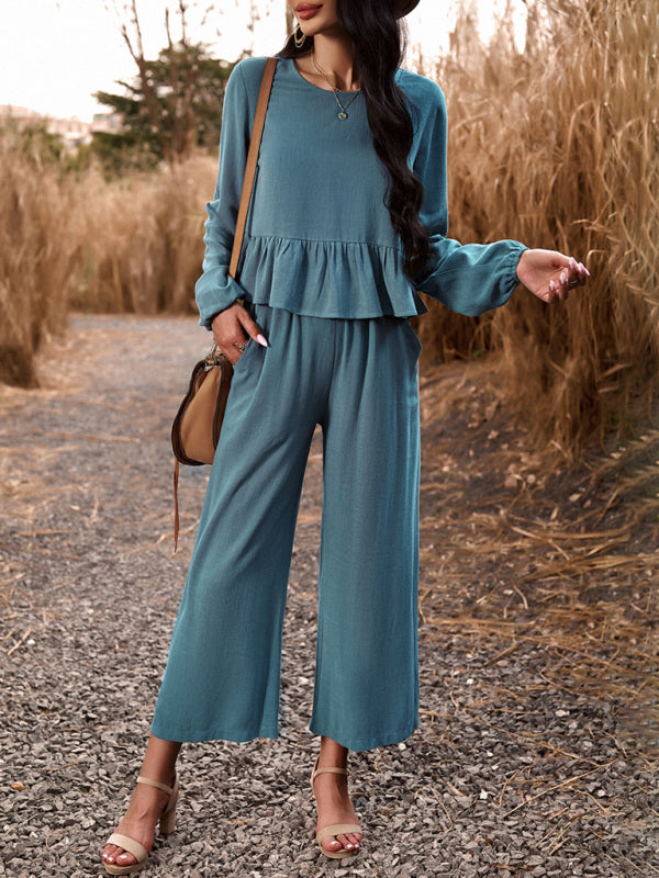 Temperament casual suit solid color long-sleeved top loose trousers - Closther