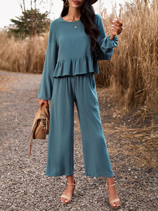 Temperament casual suit solid color long-sleeved top loose trousers - Closther