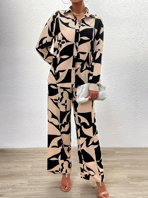 Ensemble deux pièces décontracté imprimé, composé d'un haut à manches longues et d'un pantalon. 