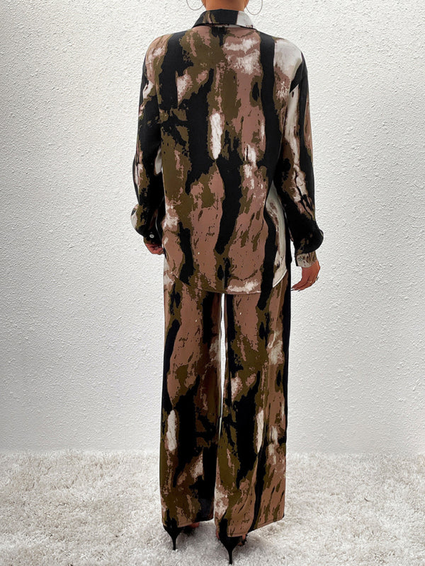 Ensemble deux pièces décontracté imprimé, composé d'un haut à manches longues et d'un pantalon. 