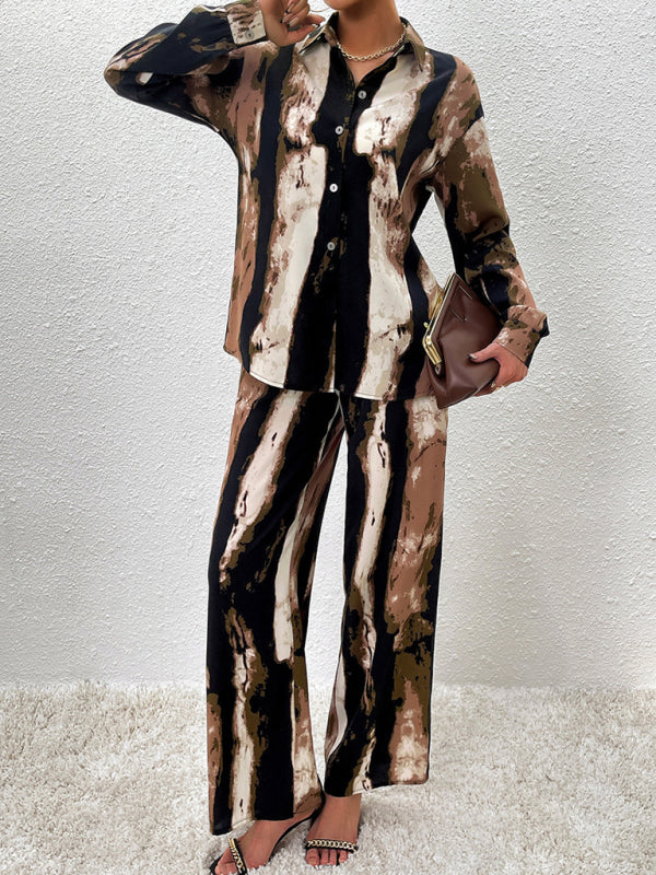 Ensemble deux pièces décontracté imprimé, composé d'un haut à manches longues et d'un pantalon. 