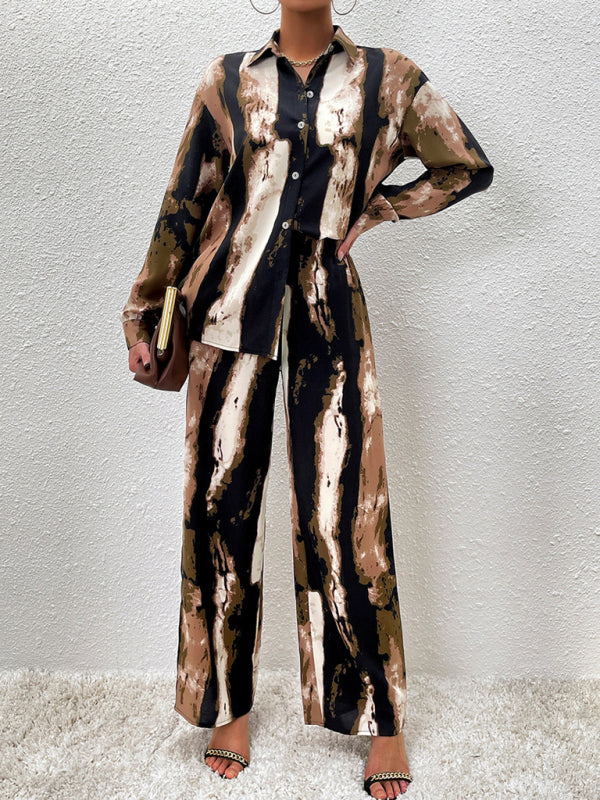 Ensemble deux pièces décontracté imprimé, composé d'un haut à manches longues et d'un pantalon. 