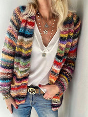Women's Striped Knit Cardigan – multicolor horizontal stripes front view
