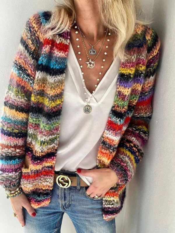 Women's Striped Knit Cardigan – multicolor horizontal stripes front view