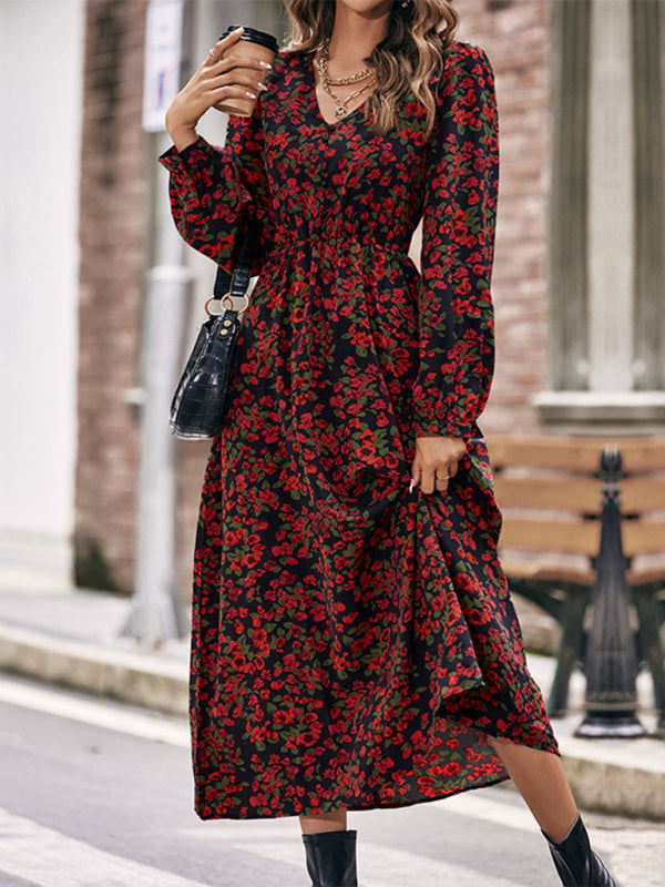 Damen Herbst Winter Langarmkleid mit Print und langem Rock 