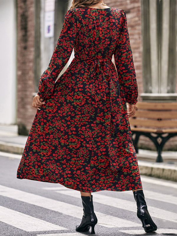 Damen Herbst Winter Langarmkleid mit Print und langem Rock 