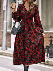 Damen Herbst Winter Langarmkleid mit Print und langem Rock 