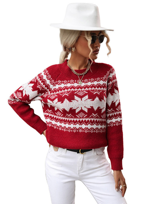 Damen-Strickpullover mit Rundhalsausschnitt und rotem Weihnachtsschneeflockenmuster 