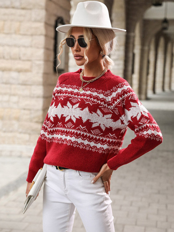 Damen-Strickpullover mit Rundhalsausschnitt und rotem Weihnachtsschneeflockenmuster 