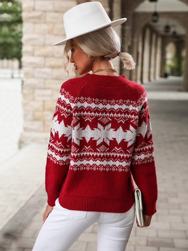 Damen-Strickpullover mit Rundhalsausschnitt und rotem Weihnachtsschneeflockenmuster 