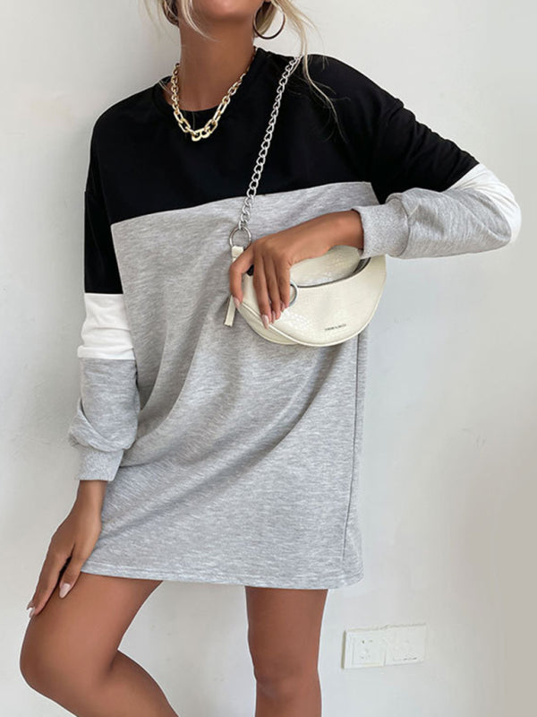 Fashion women's long sleeve color block sweatshirt dress - Closther