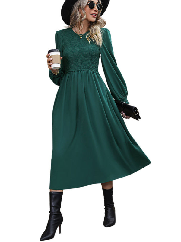 New round neck women's high-end solid color dress - Closther