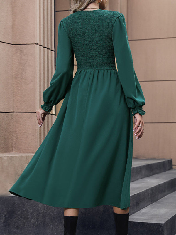 New round neck women's high-end solid color dress - Closther