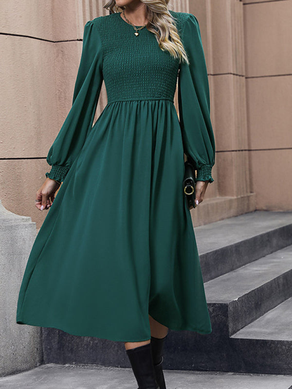 New round neck women's high-end solid color dress - Closther