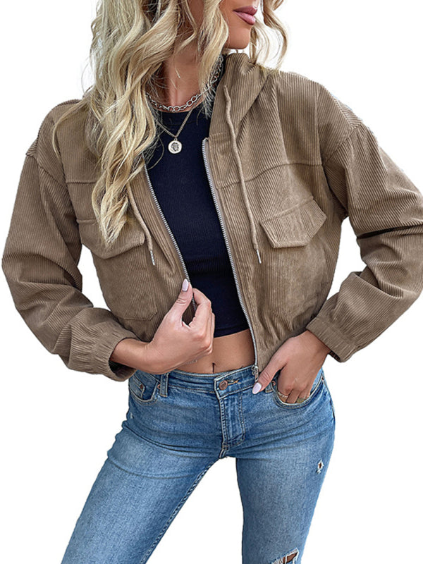 Fashion women's solid color hooded corduroy jacket - Closther