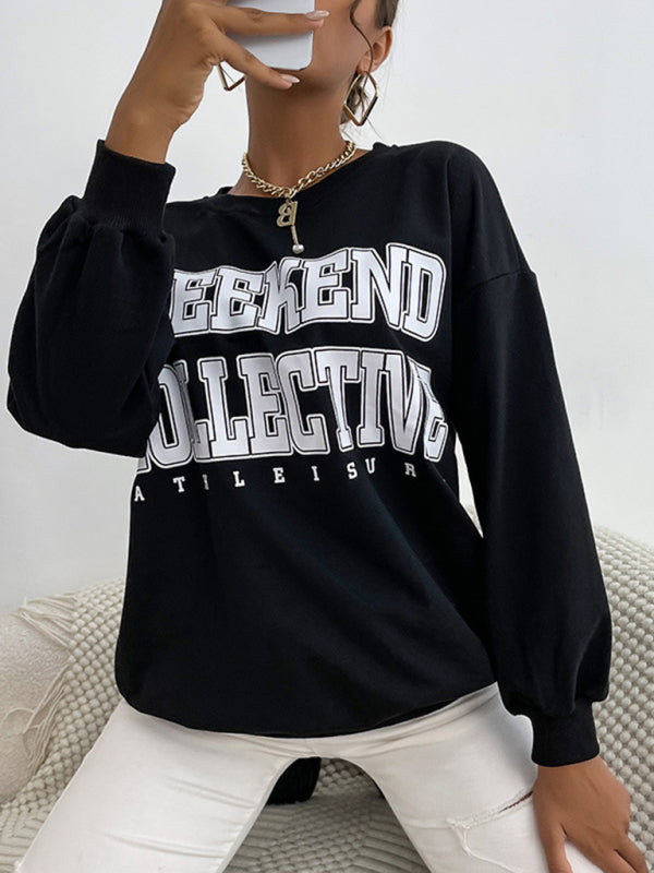 New round neck long sleeve pullover letter sweatshirt - Closther