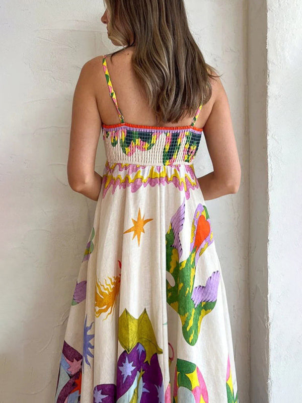 Neues lässiges langes Damenkleid mit Trägern, bedrucktem Ärmel und Swing-Optik 