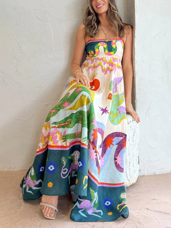 Neues lässiges langes Damenkleid mit Trägern, bedrucktem Ärmel und Swing-Optik 