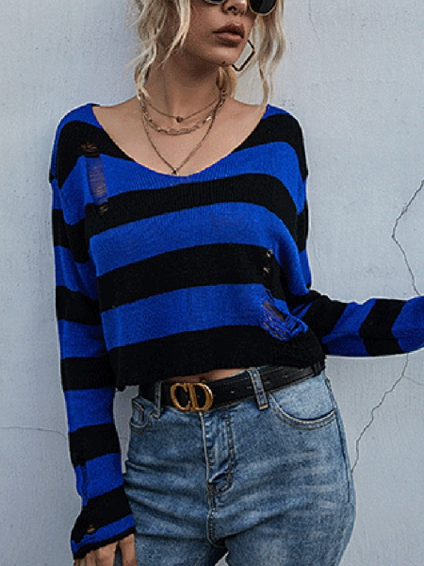 New women's striped v-neck loose short knitted bottoming sweater - Closther