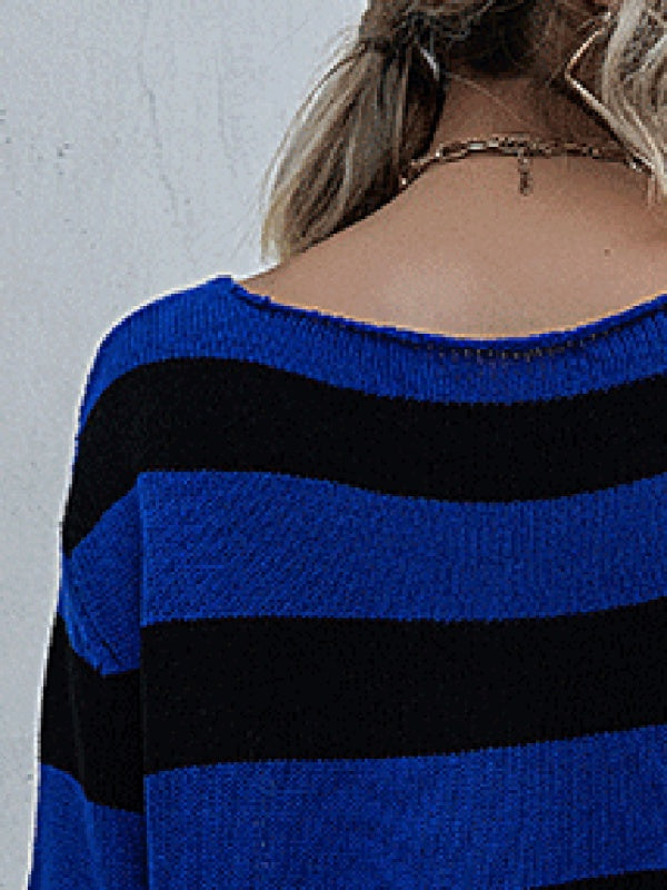 New women's striped v-neck loose short knitted bottoming sweater - Closther