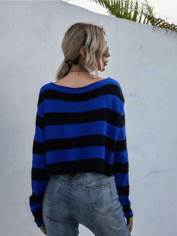 New women's striped v-neck loose short knitted bottoming sweater - Closther