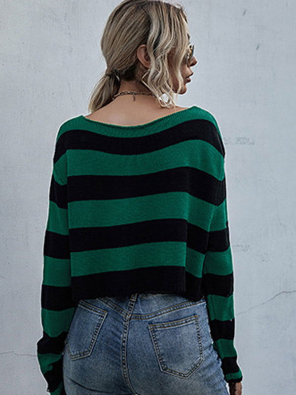 New women's striped v-neck loose short knitted bottoming sweater - Closther