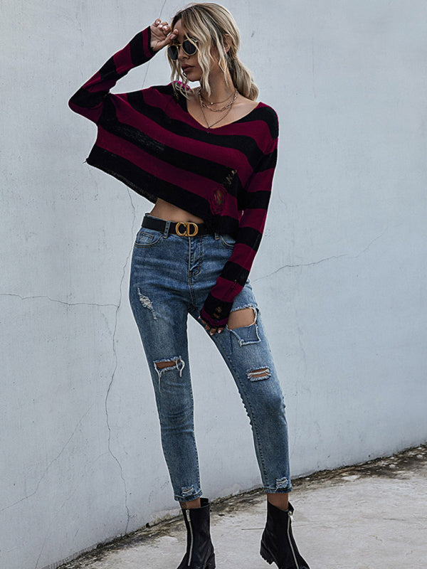 New women's striped v-neck loose short knitted bottoming sweater - Closther