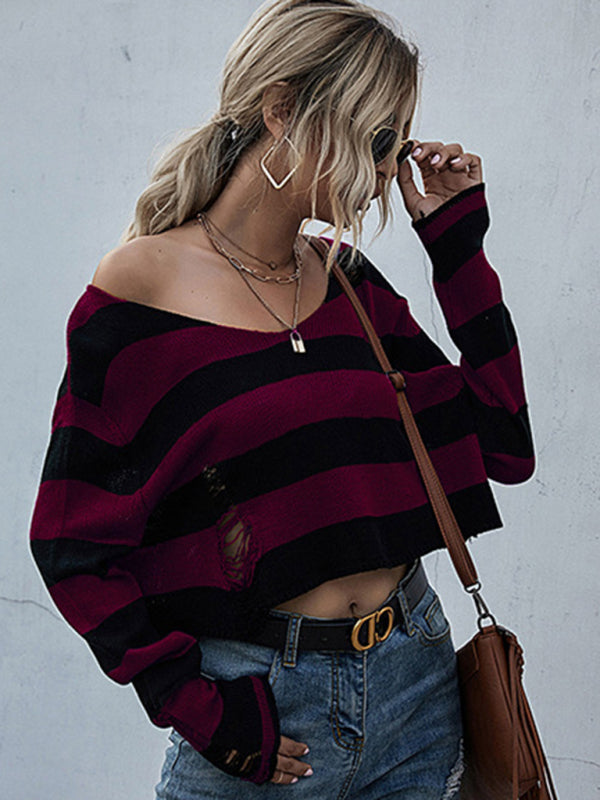 New women's striped v-neck loose short knitted bottoming sweater - Closther