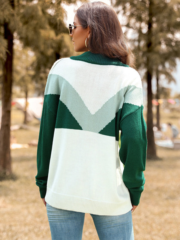 New Color Block Lapel Button Pullover Long Sleeve Sweater - Closther