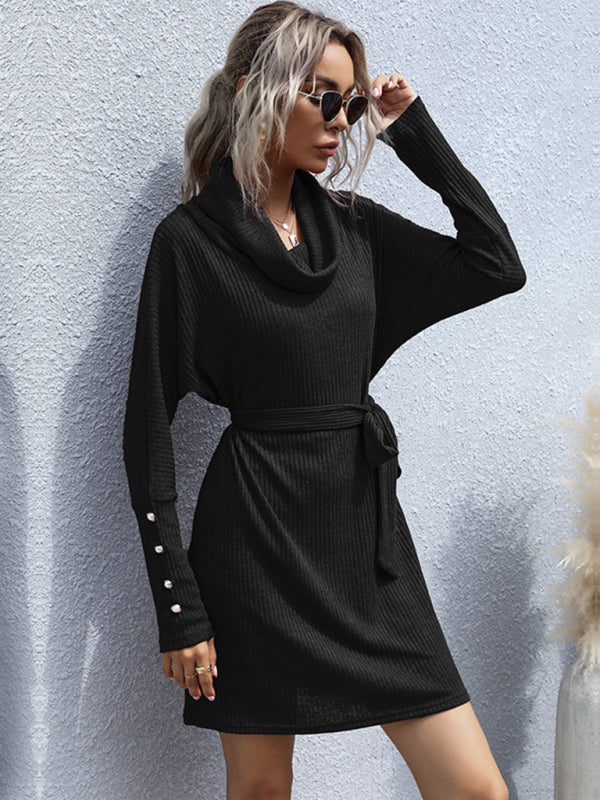 New pile collar solid color bottoming knitted sweater dress with long sleeves - Closther