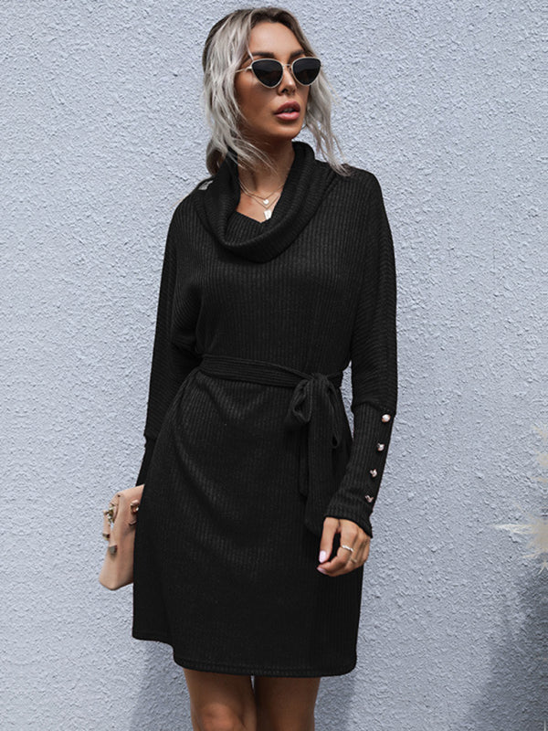 New pile collar solid color bottoming knitted sweater dress with long sleeves - Closther