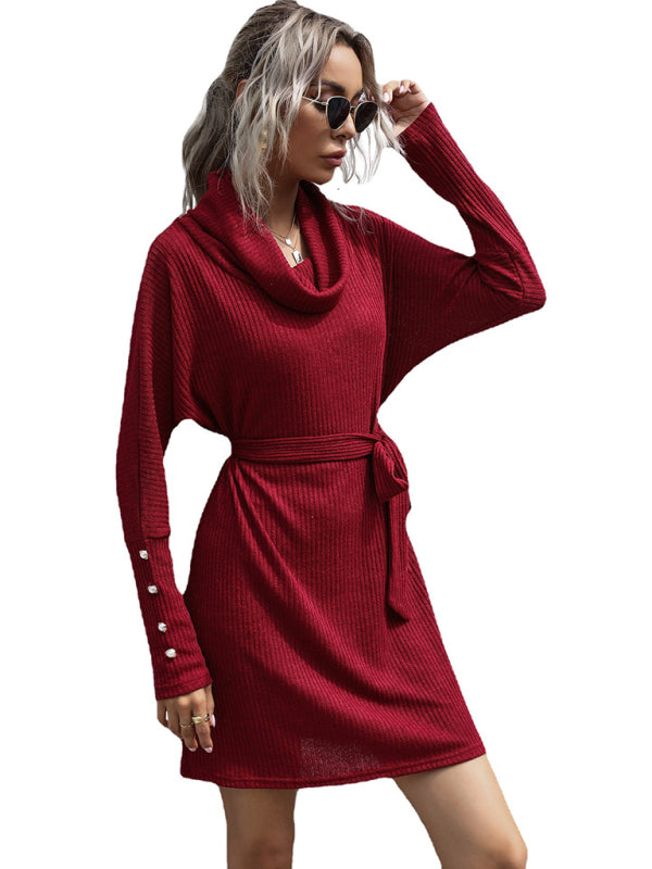 New pile collar solid color bottoming knitted sweater dress with long sleeves - Closther