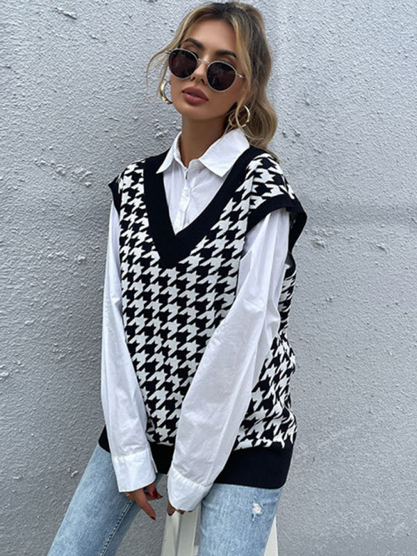 New loose houndstooth v-neck knitted vest - Closther