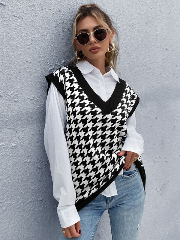 New loose houndstooth v-neck knitted vest - Closther