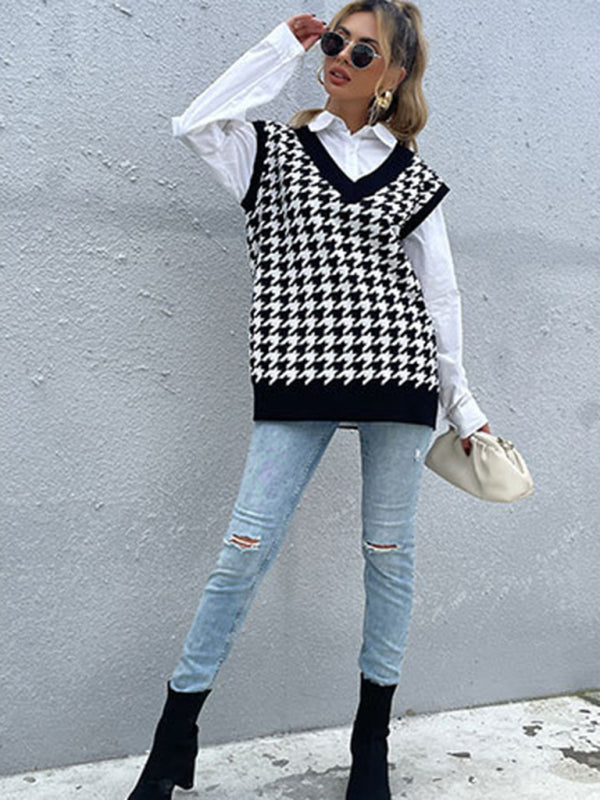 New loose houndstooth v-neck knitted vest - Closther