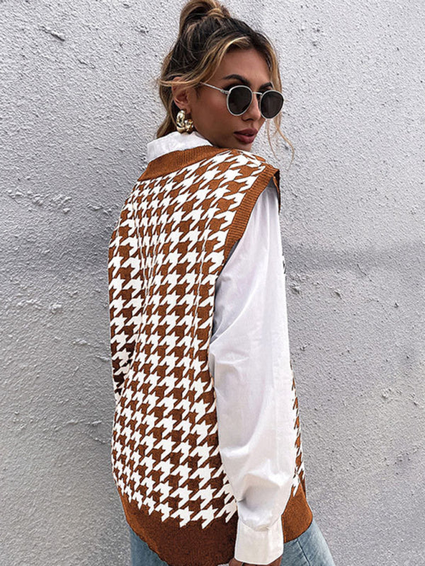 New loose houndstooth v-neck knitted vest - Closther