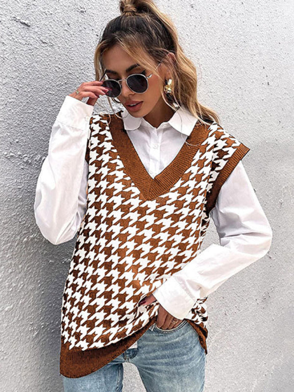 New loose houndstooth v-neck knitted vest - Closther