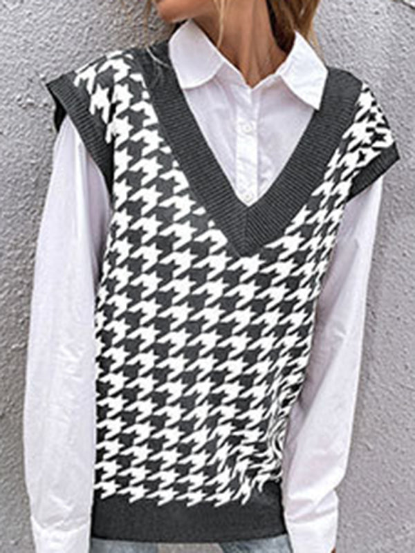 New loose houndstooth v-neck knitted vest - Closther