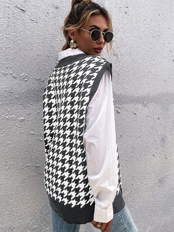 New loose houndstooth v-neck knitted vest - Closther