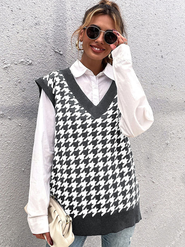 New loose houndstooth v-neck knitted vest - Closther