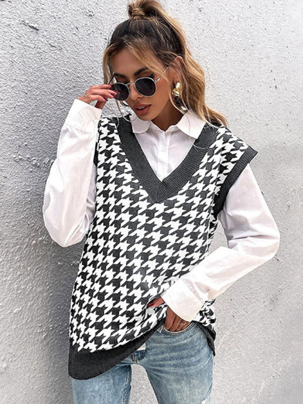 New loose houndstooth v-neck knitted vest - Closther