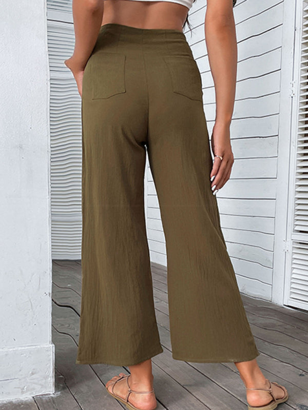 New women's nine-point pants high-waisted cotton and linen slim-fit micro-flared pants - Closther