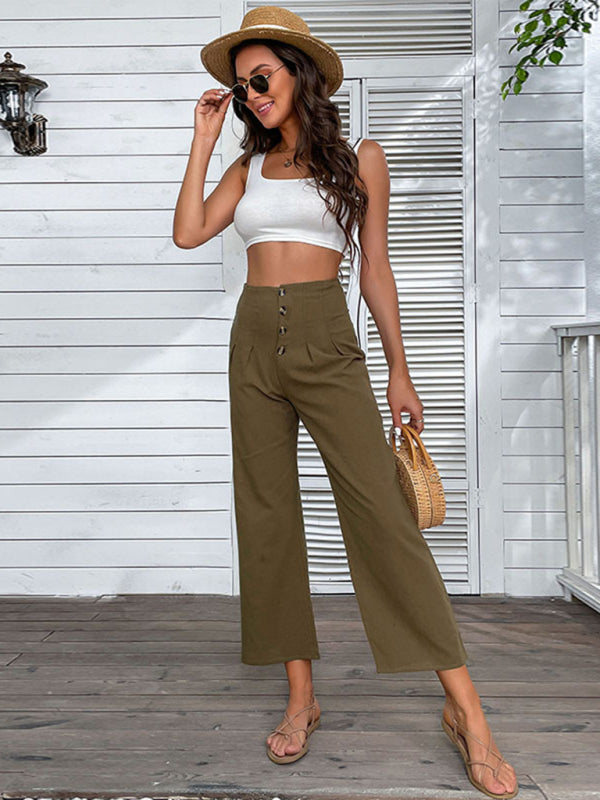 New women's nine-point pants high-waisted cotton and linen slim-fit micro-flared pants - Closther