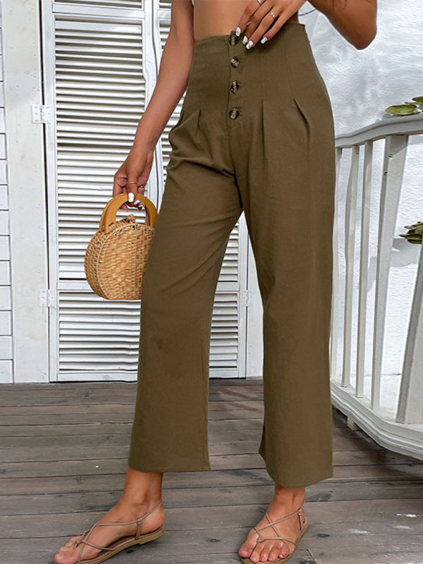 New women's nine-point pants high-waisted cotton and linen slim-fit micro-flared pants - Closther