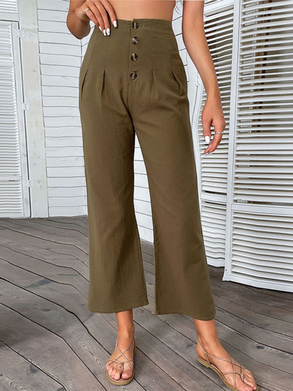 New women's nine-point pants high-waisted cotton and linen slim-fit micro-flared pants - Closther