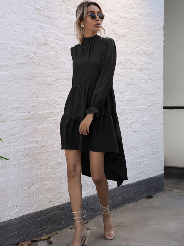 New women's solid color long sleeve irregular half turtleneck dress - Closther